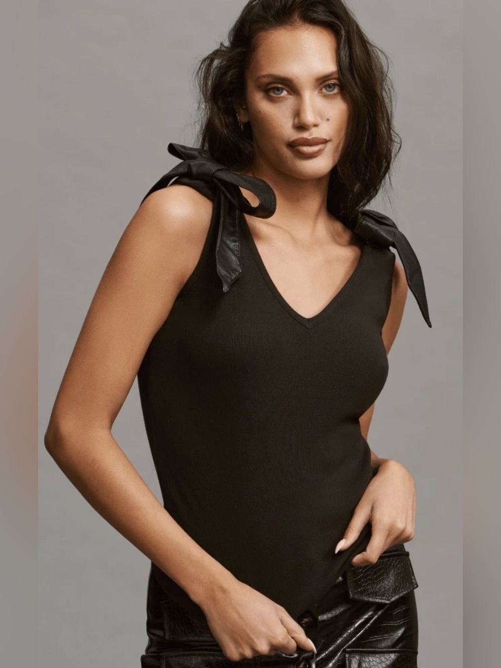 NWT Maeve by Anthropologie Faux Leather Bow Strap Tank Top Black XS